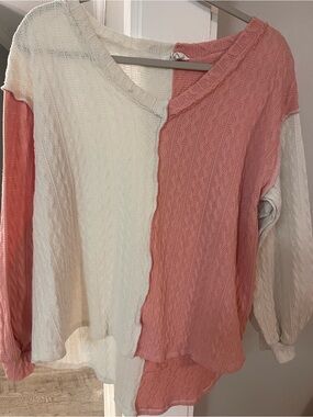 Fantastic Fawn Two-Tone Pink and Cream Knit V-Neck Sweater